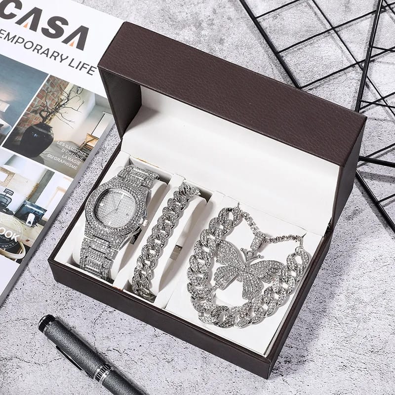 Luxury ladies diamond jewelry gift set with watch, butterfly necklace, chain, and bracelet in gold and silver options