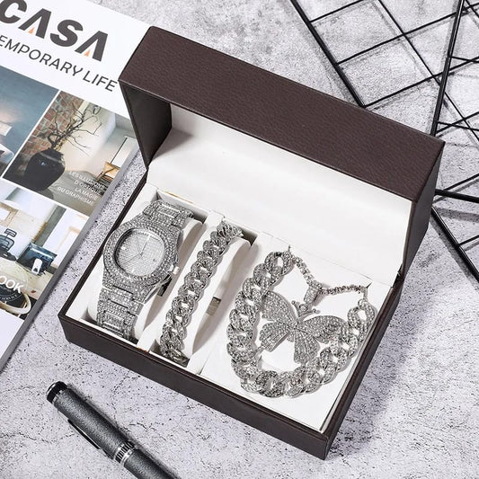Luxury ladies diamond jewelry gift set with watch, butterfly necklace, chain, and bracelet in gold and silver options