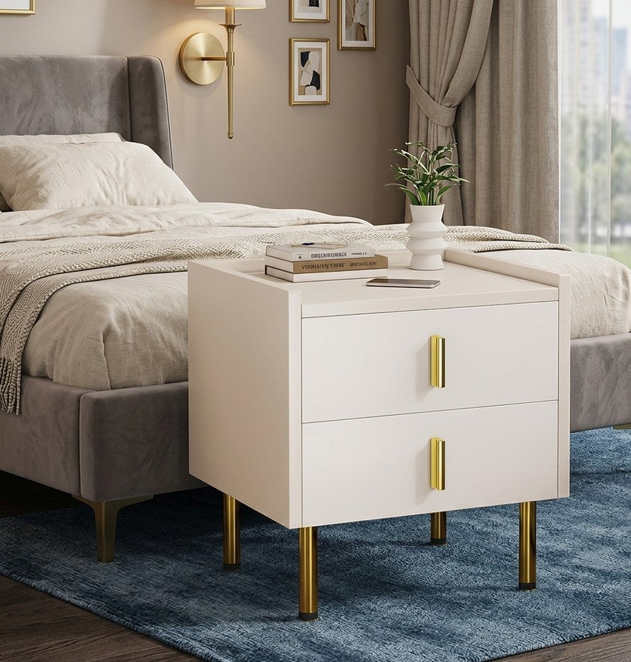 Ultra narrow bedroom bedside cabinet with 2 drawers and metal handles, compact nightstand for small spaces. 