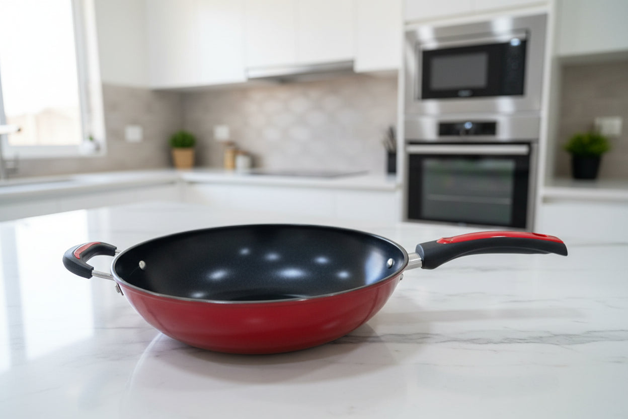Deep frying pan with non stick surface for versatile kitchen cooking and frying