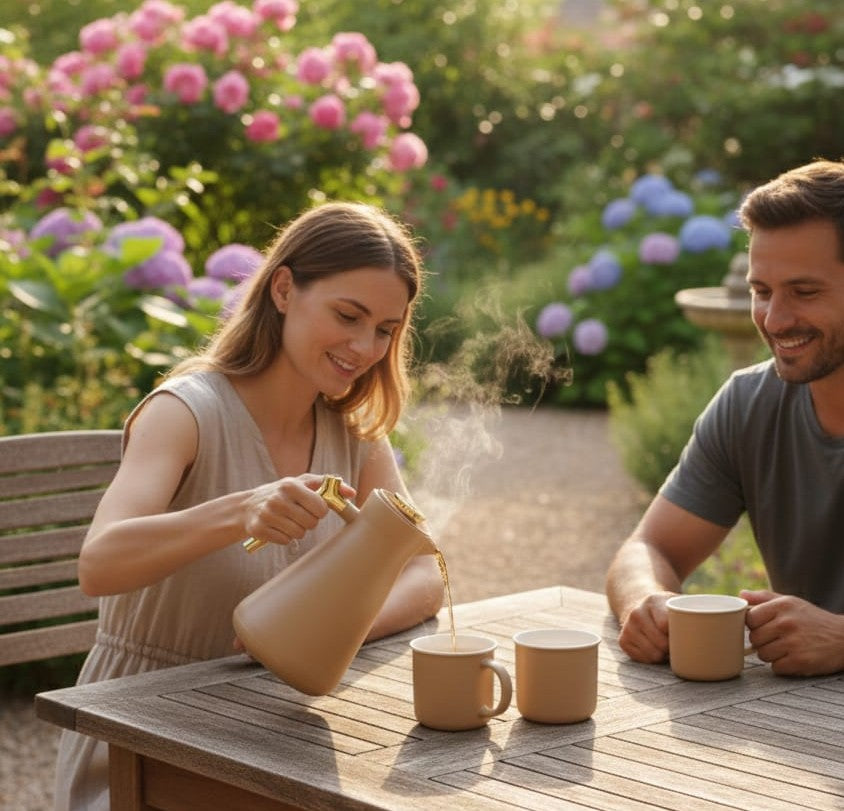 6-piece breakfast set with ceramic cups and 1-liter flask