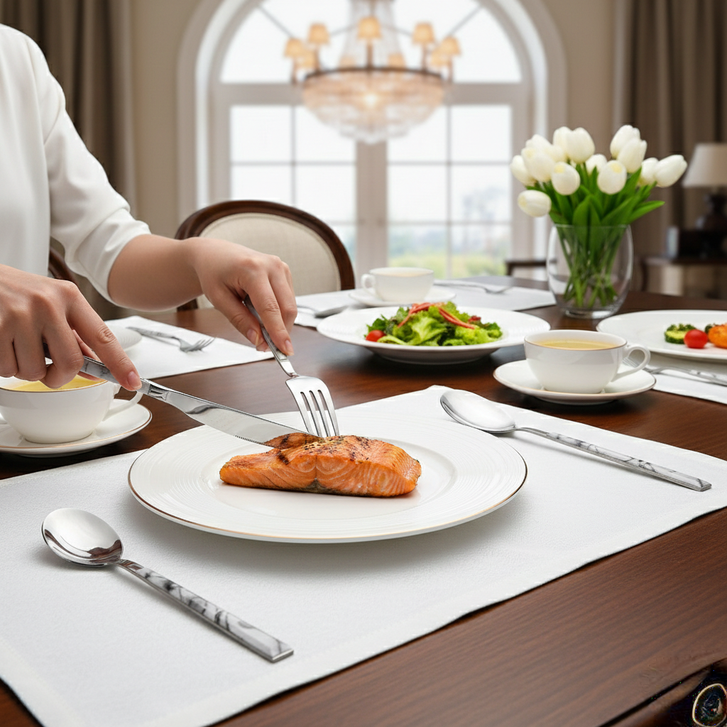 24-piece Silver marble cutlery set with spoons, teaspoons, forks, and knives.