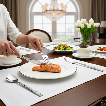 24-piece Silver marble cutlery set with spoons, teaspoons, forks, and knives.