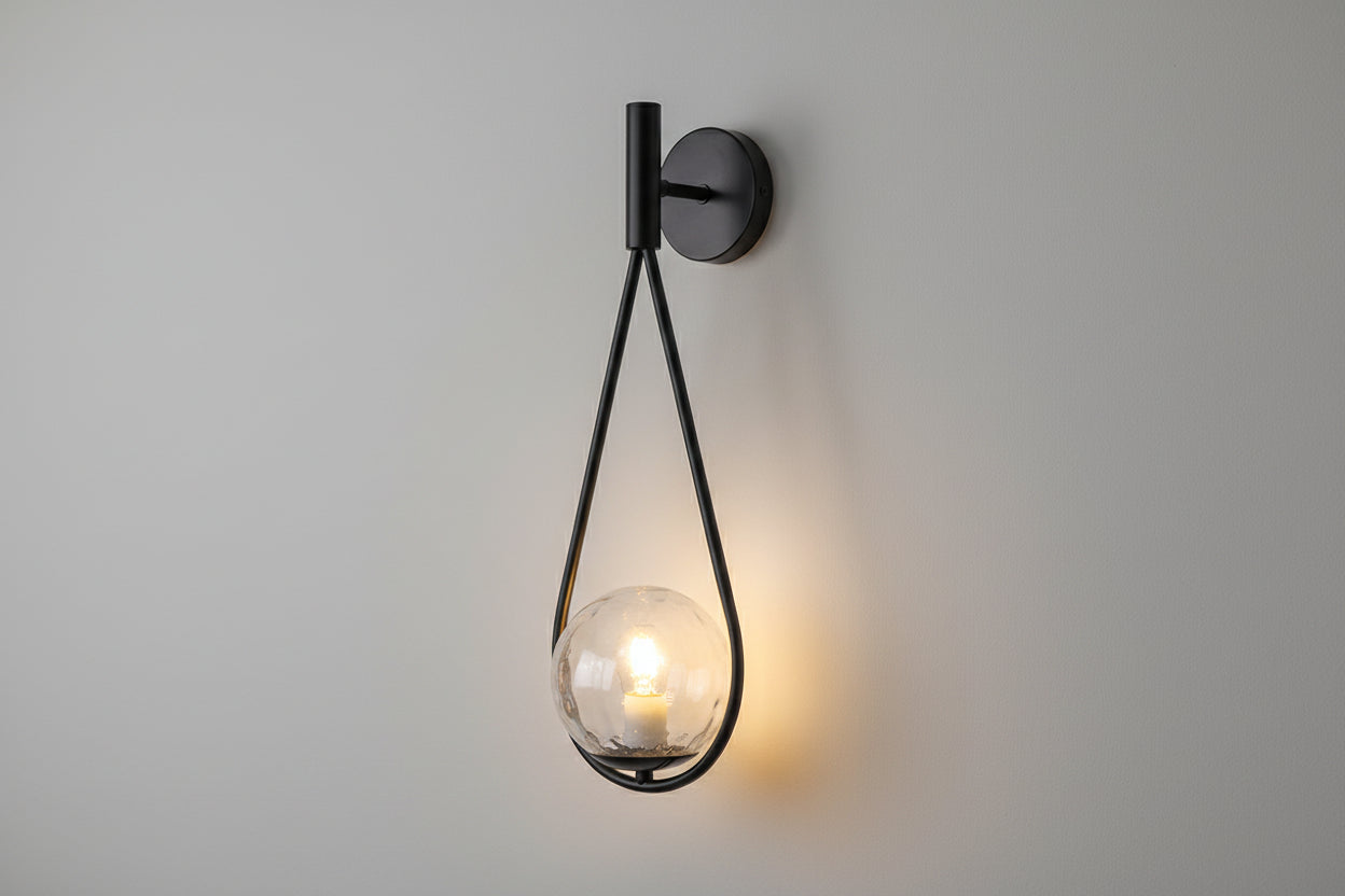 Tall black wall lamp with clear glass shade, modern E27 indoor decorative lighting fixture