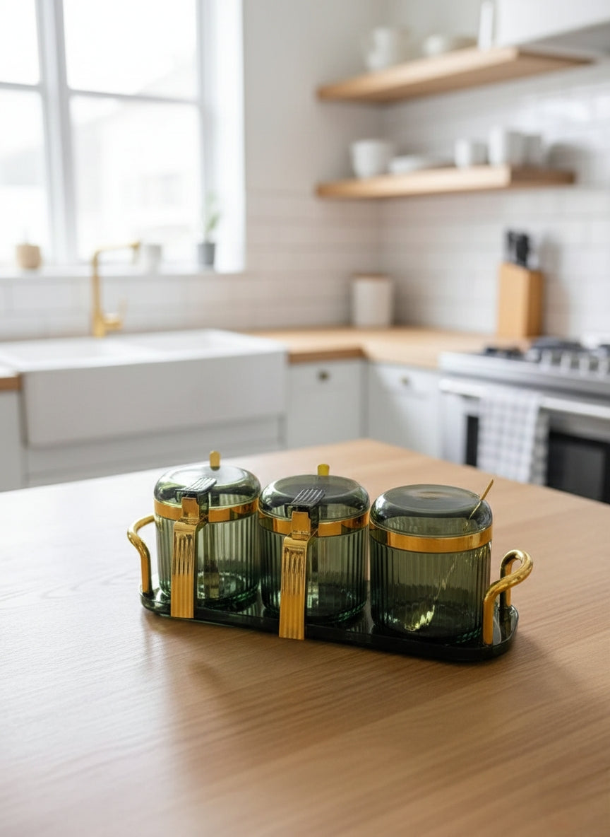 3 In 1 Canisters Dish With Golden Accents