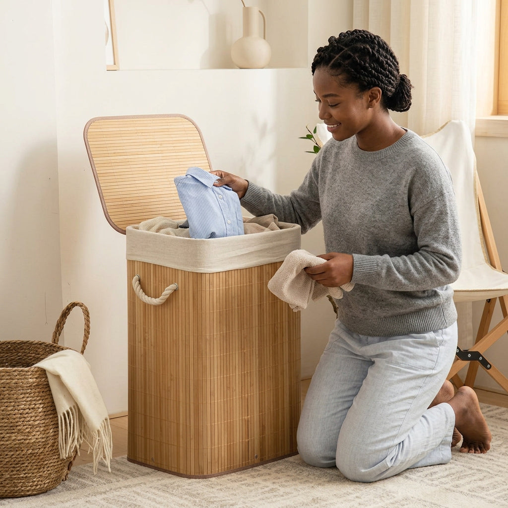 Large Capacity Foldable Bamboo Laundry Basket
