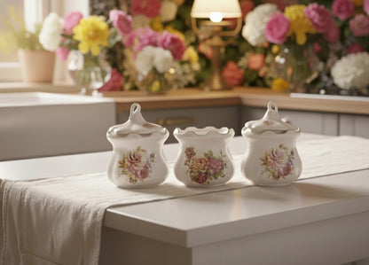 Three piece white bone china sugar dish set with floral design and gold ring.