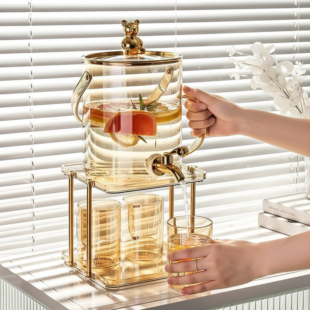 3.6L luxury glass cold water jug with faucet and 4 mugs for serving lemonade, fruit tea, and beverages