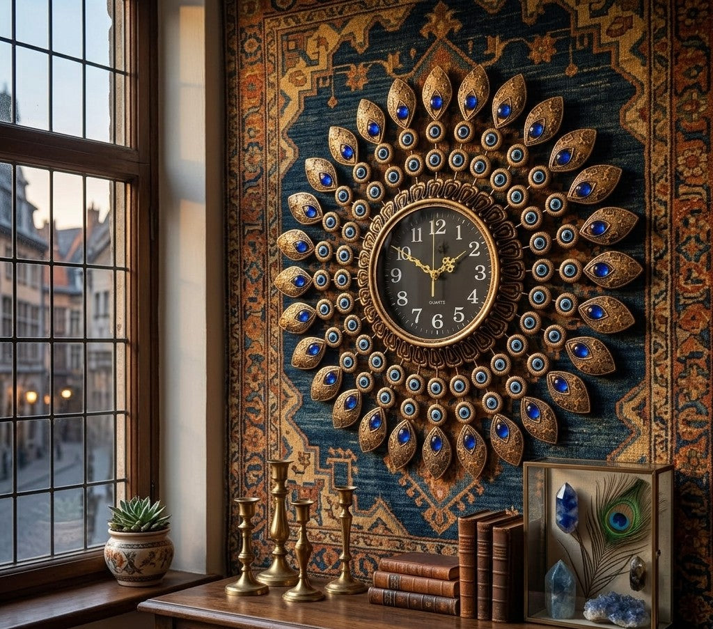 Large gold vintage wall clock measuring 70×70 cm designed as an elegant decorative timepiece for home or office walls.