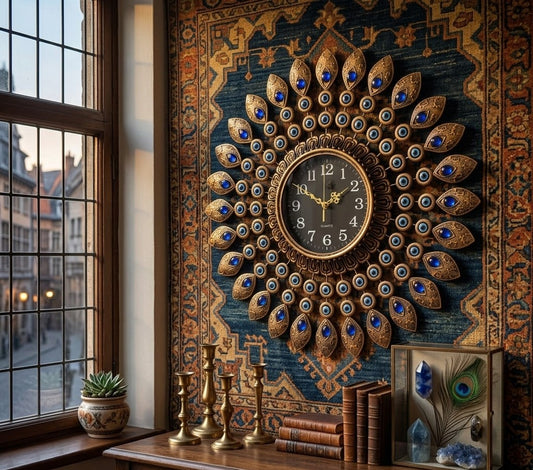 Large gold vintage wall clock measuring 70×70 cm designed as an elegant decorative timepiece for home or office walls.
