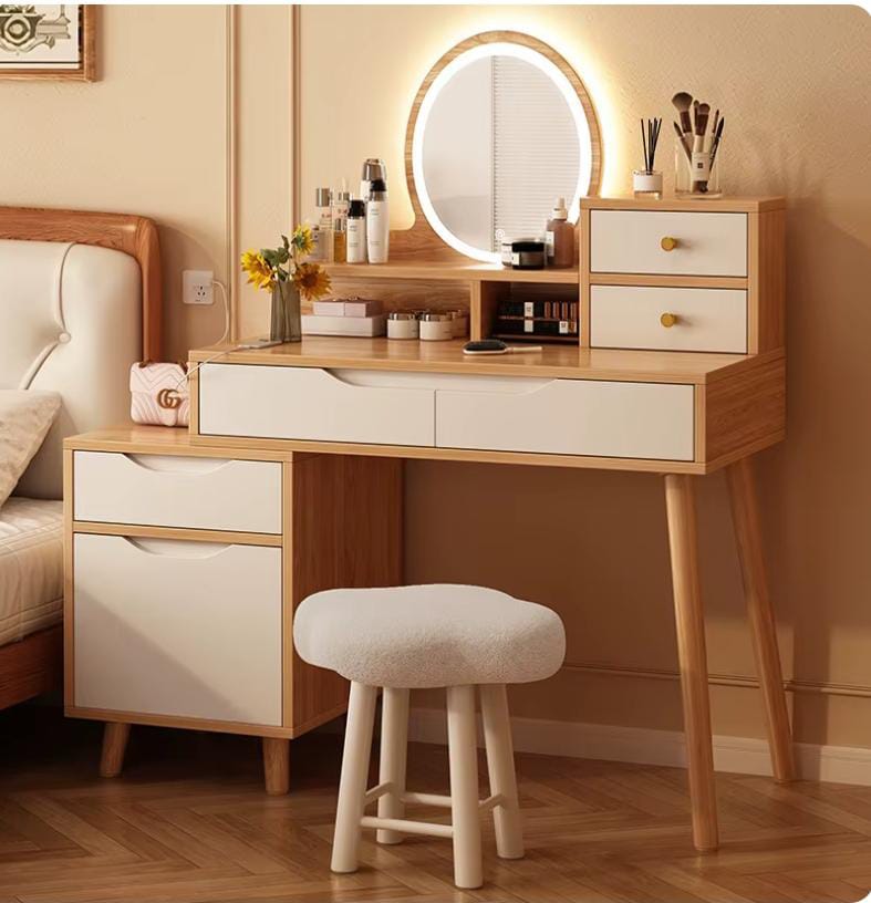 Wood white wooden makeup table with adjustable brightness mirror and storage drawers for bedroom vanity use