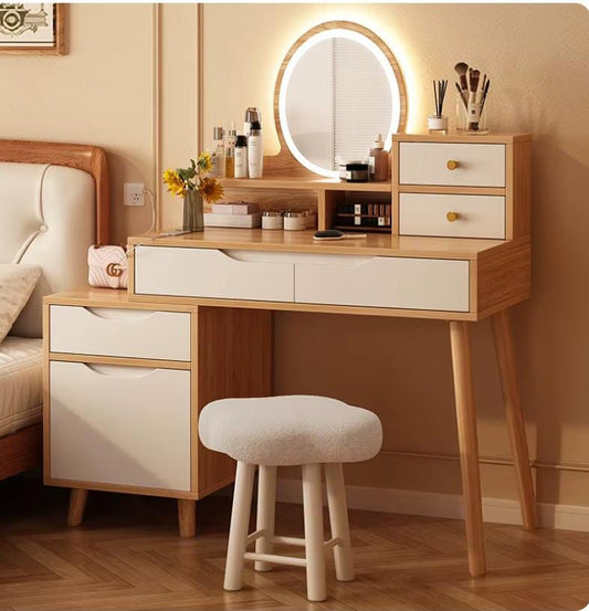 Wood white wooden makeup table with adjustable brightness mirror and storage drawers for bedroom vanity use