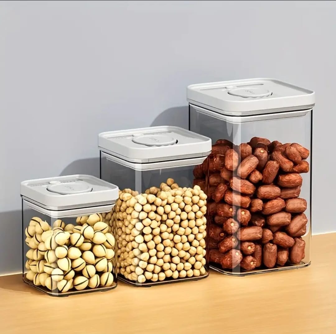 Three-piece airtight press-to-seal food storage containers with lids for kitchen organization.