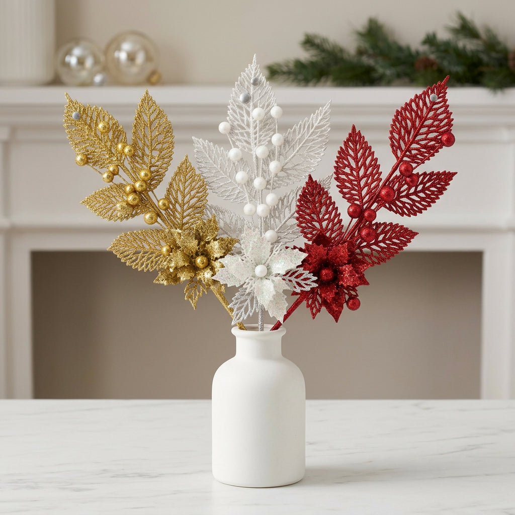 6Pcs 25cm Glitter Christmas Floral Picks