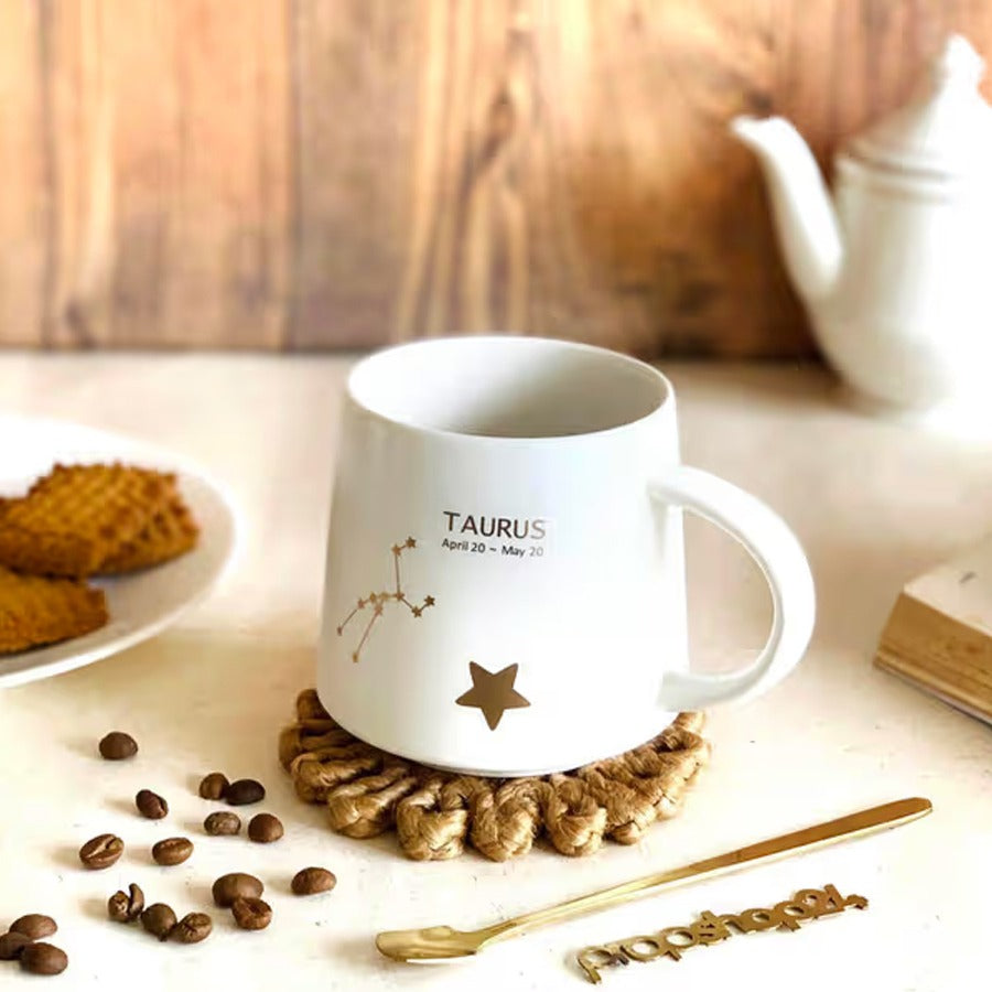 White Ceramic Gold Constellation Mug Set with Lid and Spoon