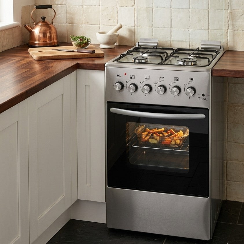 TLAC 50x50 inox free standing cooker with 3 gas burners, 1 electric burner, and glass lid.