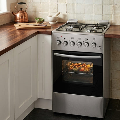 TLAC 50x50 inox free standing cooker with 3 gas burners, 1 electric burner, and glass lid.