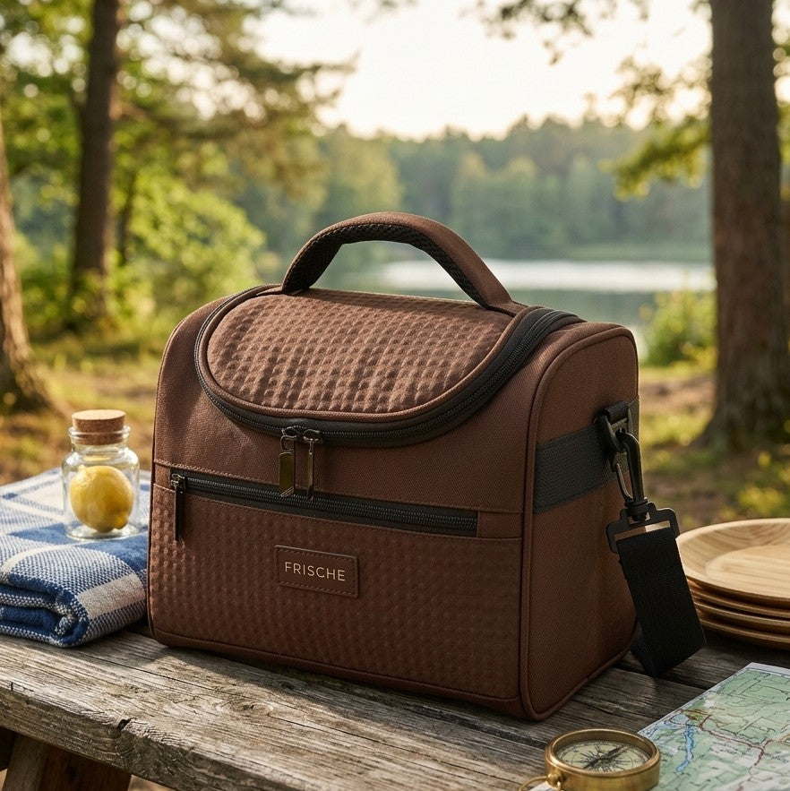 Premium insulated lunch bag made of polyester material for keeping food fresh and warm or cold.