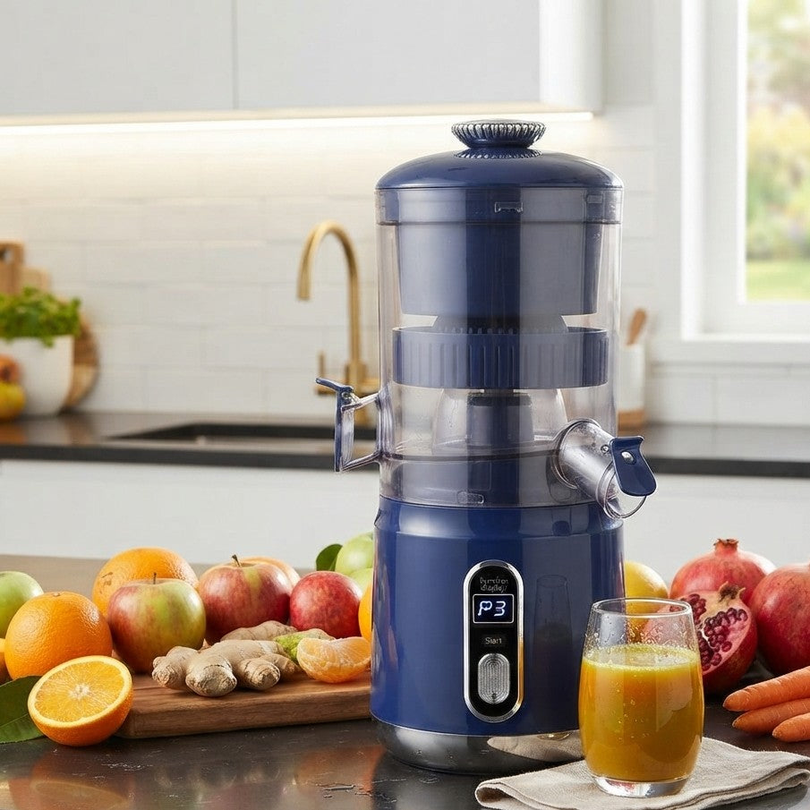 Wireless electric juicer with a 45 W motor, dual extraction system, rechargeable design, and compact size for fresh homemade juice.