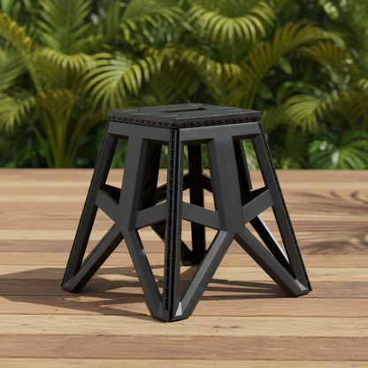 Portable adjustable-height foldable camping stool with locking system.
