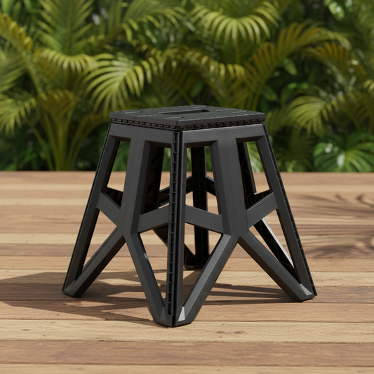 Portable adjustable-height foldable camping stool with locking system.