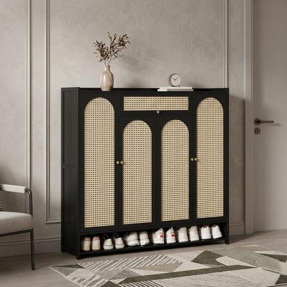 Wooden bamboo shoe rack and storage cabinet with multiple shelves for organized footwear storage