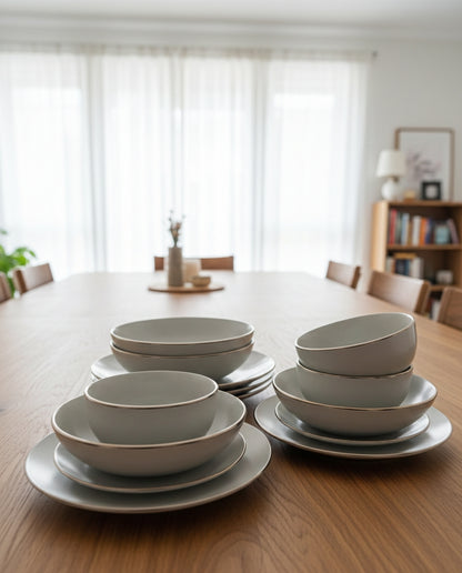 16-Piece gritted grey dinner set with plates and bowls