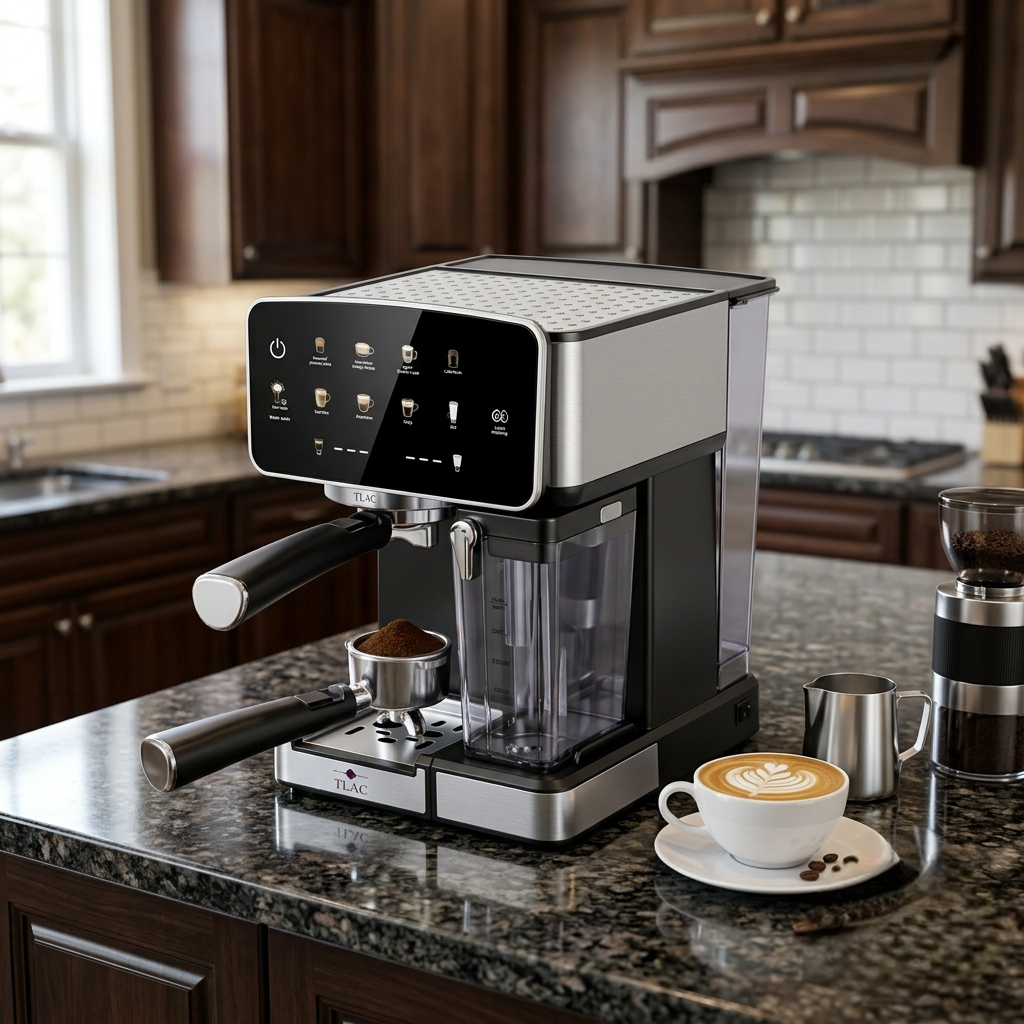 TLAC TCFM-101 espresso coffee machine with touch controls and automatic milk frother.
