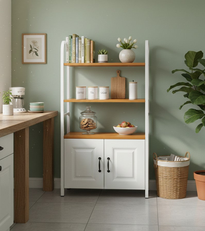 Multipurpose kitchen cabinet storage rack made of wood and metal, size 60 × 40 × 132 cm
