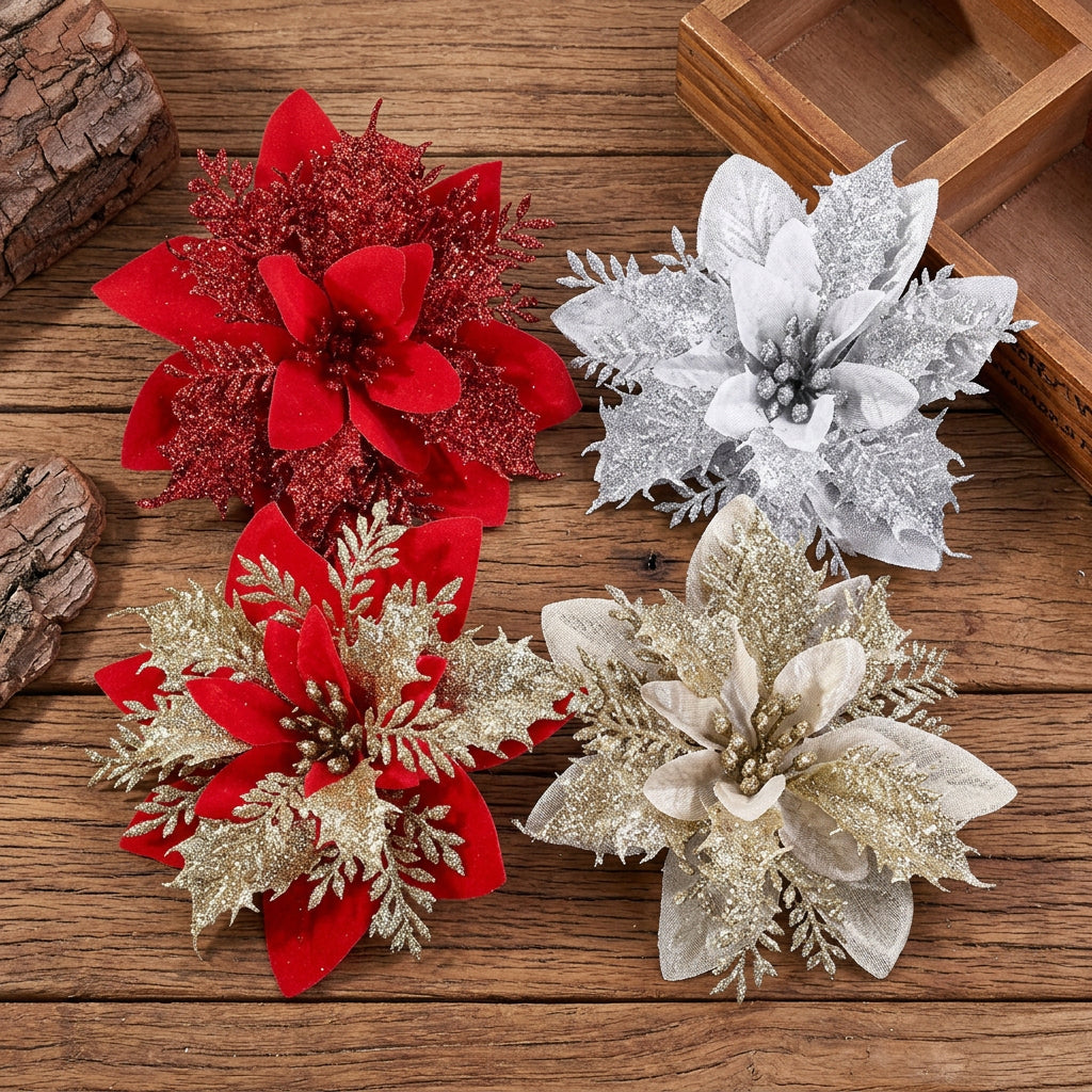 3 Pcs Artificial Christmas Decorating Flowers in Silver and Red