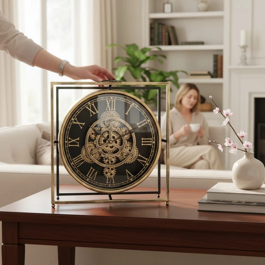 Mantle gear clock with exposed mechanical gears, vintage-style timepiece for home or office décor.