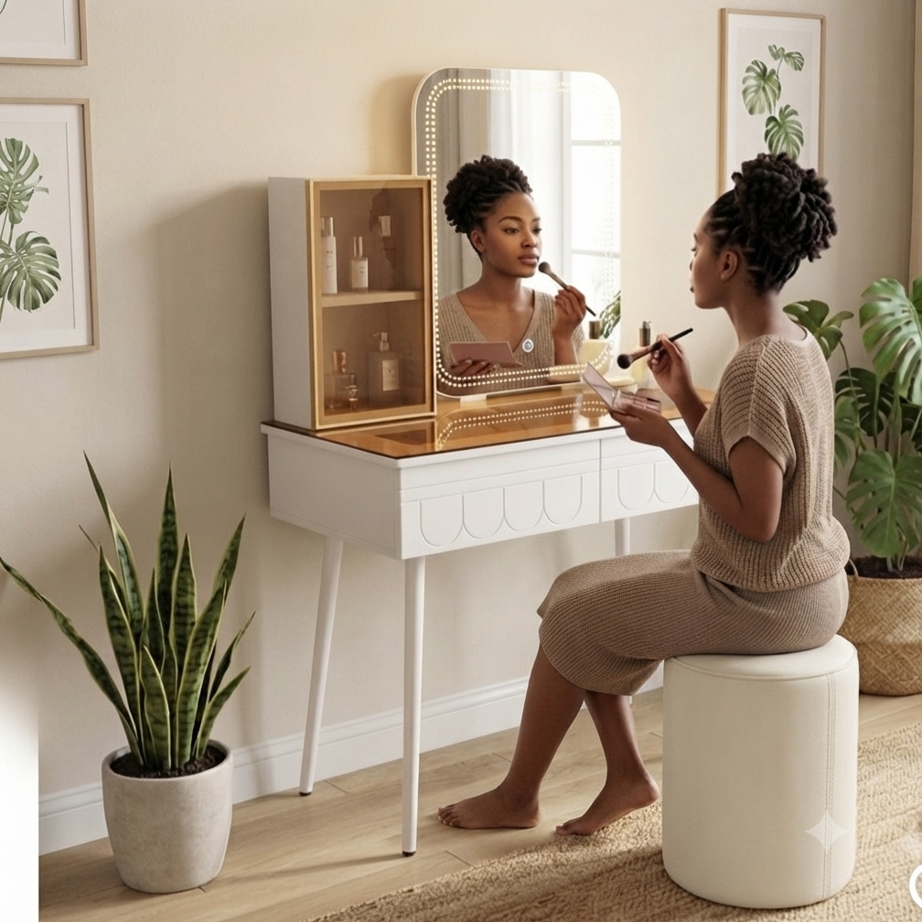 LED vanity dressing table with touch control mirror storage drawers and side display cabinet for makeup skincare accessories and bedroom organisation.
