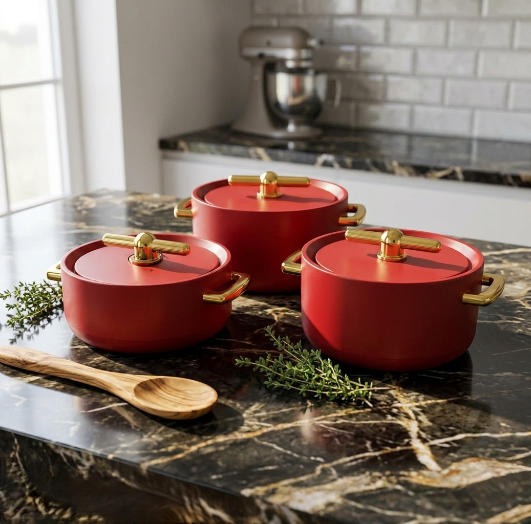 3Pcs Gold Insulated Round Hotpot Set