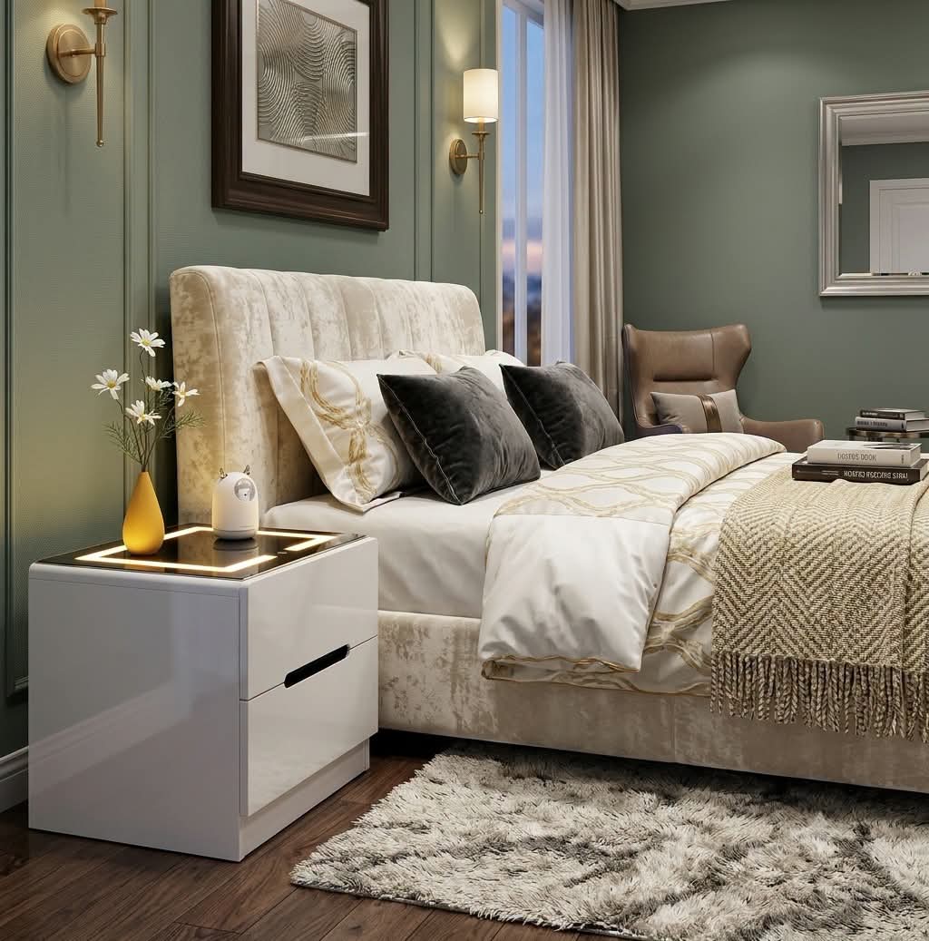 Modern Wooden Bedside Drawer with LED Light and Glass Top