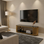 Dawood Lifestyle & Gadgets kes TVM 1401 TV stand media console with black tempered glass top, gold stainless steel vertical rod frame, open glass shelf, and oval elongated design.