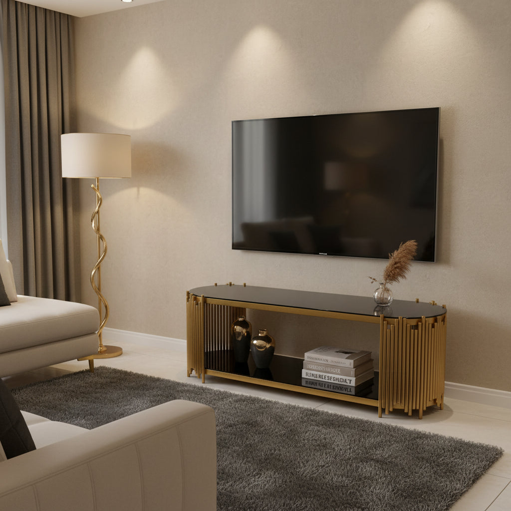 Dawood Lifestyle & Gadgets kes TVM 1401 TV stand media console with black tempered glass top, gold stainless steel vertical rod frame, open glass shelf, and oval elongated design.