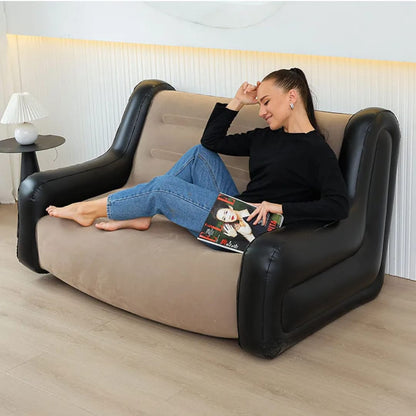 Inflatable two seater sofa with armrests, portable PVC design with free pump, suitable for indoor and outdoor use.