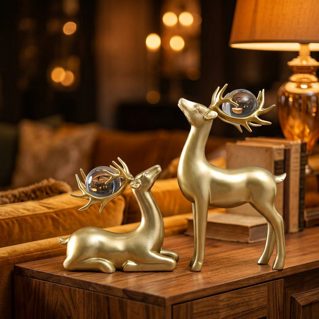 2Pc Nordic Golden Deer Resin Ornaments With Crystal Ball