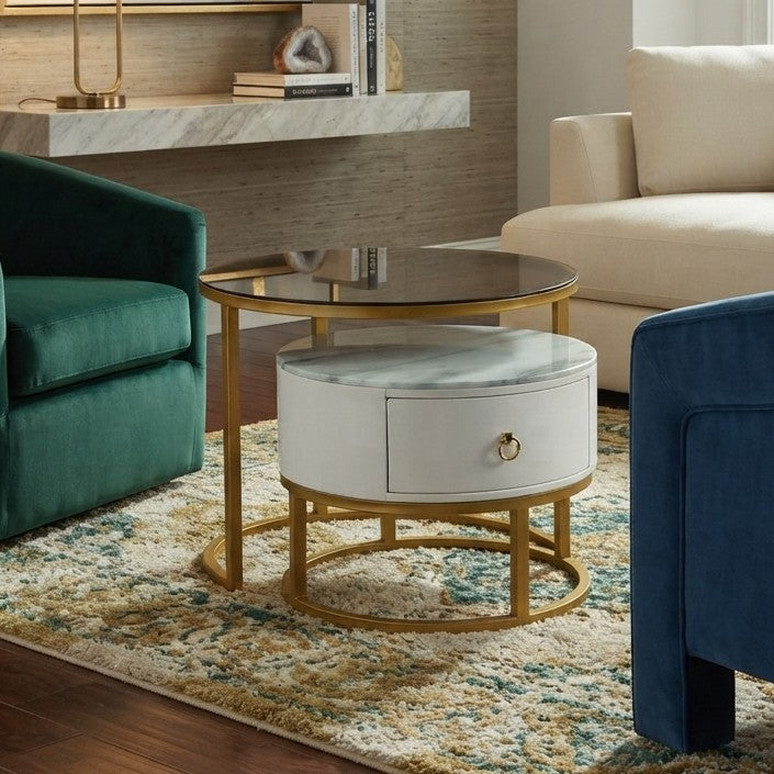 Glass nesting table with integrated side storage for living rooms, bedrooms, and flexible home organization.