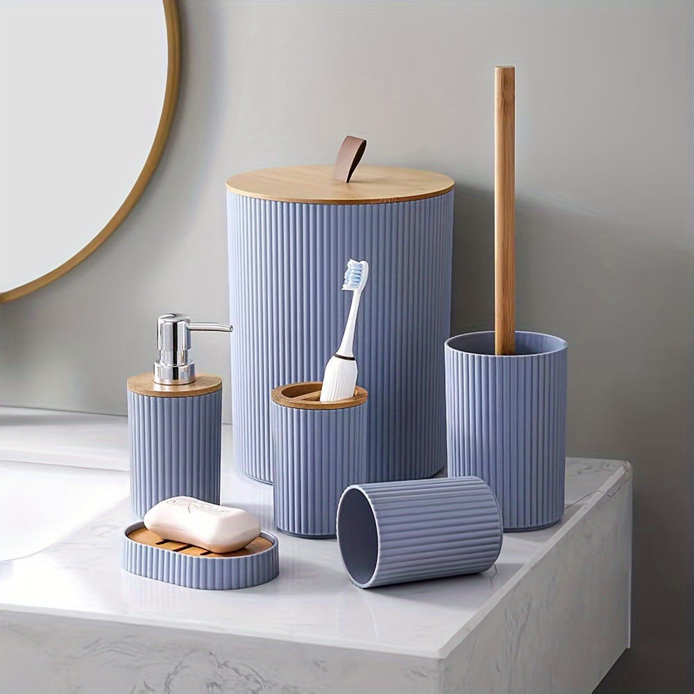 Luxury 6-piece bathroom accessories set with bamboo lids and eco-friendly design