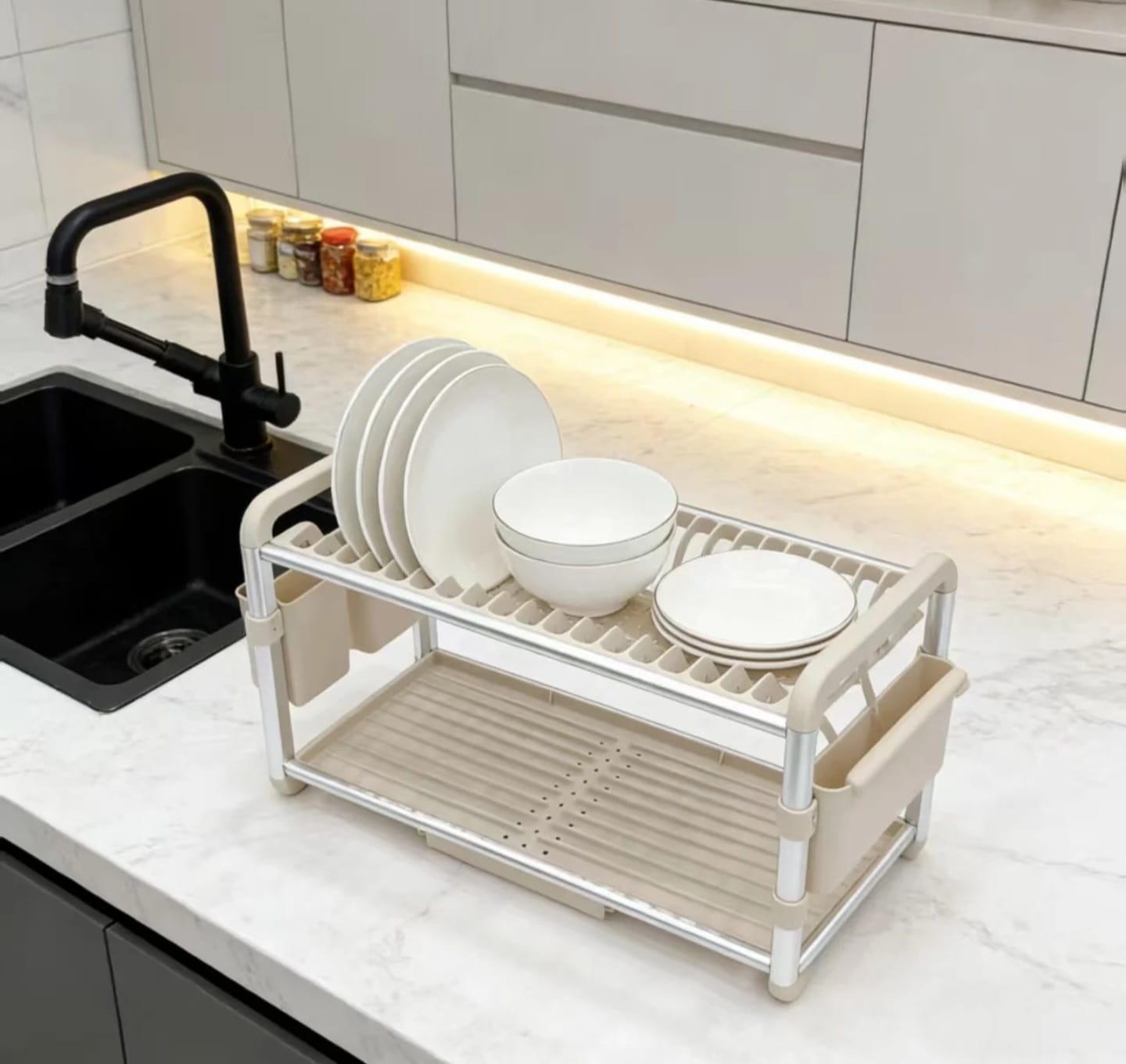 2 Tier Aluminum Dish Drying Rack with Drainer