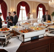 Electric chafing dish with clear roll-top ABS cover for warming and displaying food