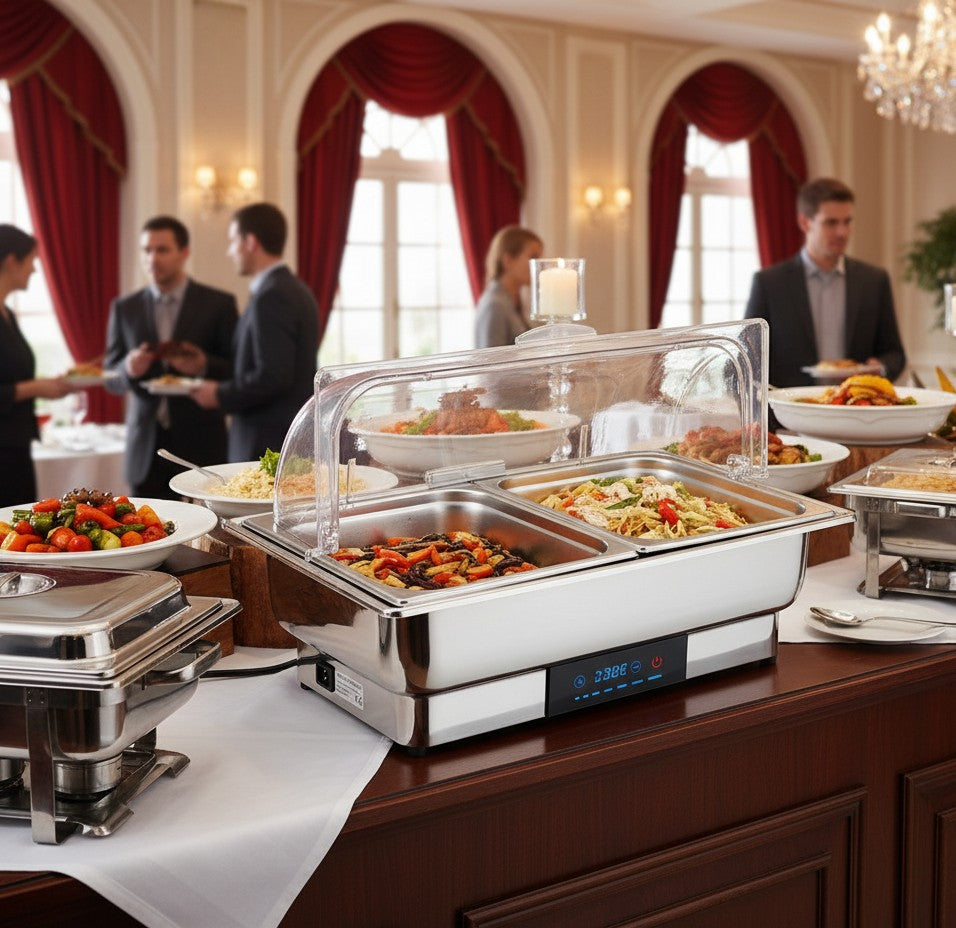Electric chafing dish with clear roll-top ABS cover for warming and displaying food