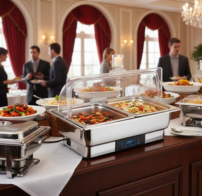 Electric chafing dish with clear roll-top ABS cover for warming and displaying food