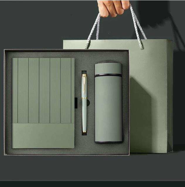 Corporate gift pack with 350 ml thermos flask, pen, A5 notebook, gift box, and bag, stylish professional present