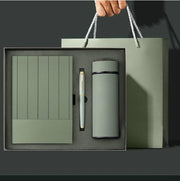 Corporate gift pack with 350 ml thermos flask, pen, A5 notebook, gift box, and bag, stylish professional present