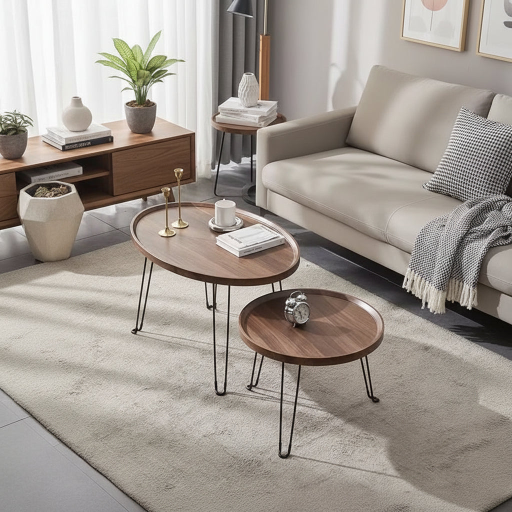 Foldable 2 in 1 Nesting Coffee Table Set Walnut Finish