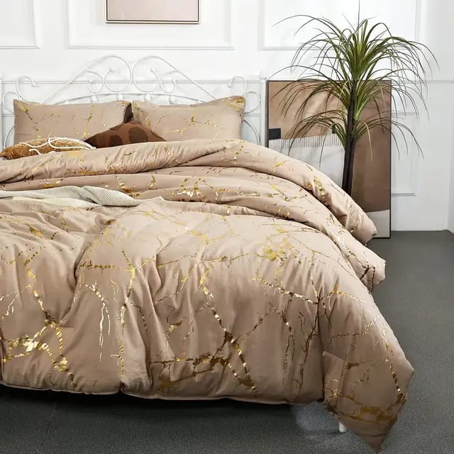 Gold marble texture foil-style duvet cover set with bedsheet and 2 pillowcases, available in 6×6 and 6×7 sizes.