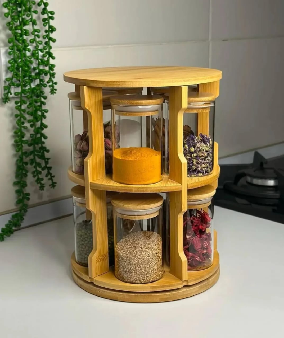 Rotating bamboo spice rack with 10 glass jars