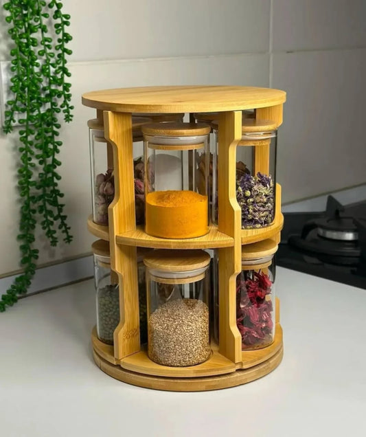 Rotating bamboo spice rack with 10 glass jars